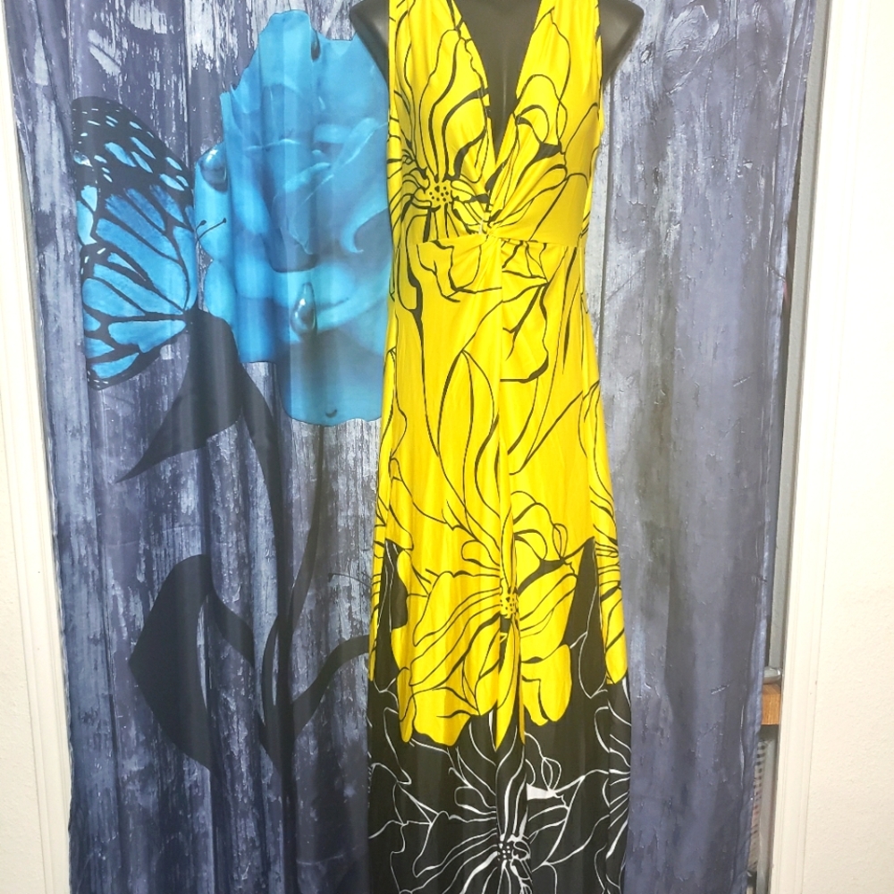 Yellow and black floral deep V neck sz L